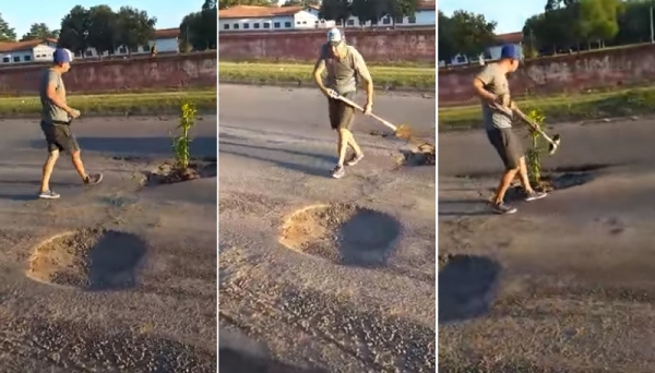Rompió el auto por un pozo y decidió plantar un árbol en Silvestre Begnis
