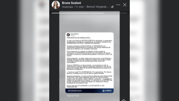 La concejala "Brune" Scaloni reposteó un mensaje de Javier Milei contra periodistas