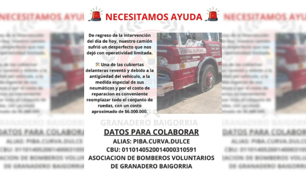 Bomberos de  Baigorria piden colaboración para reparar la autobomba